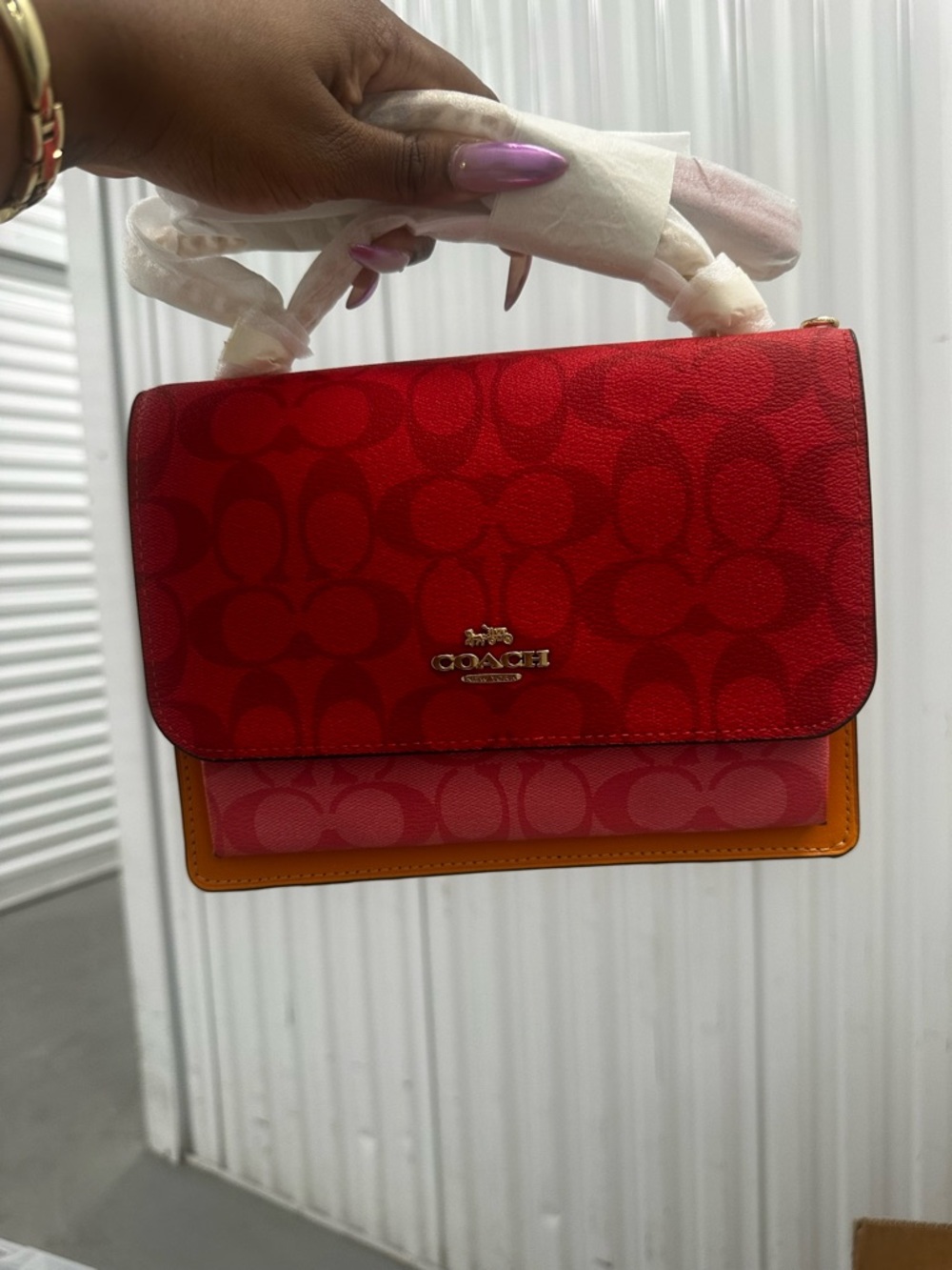 COACH Colorblock Signature Leather Satchel in Red, Pink & Orange